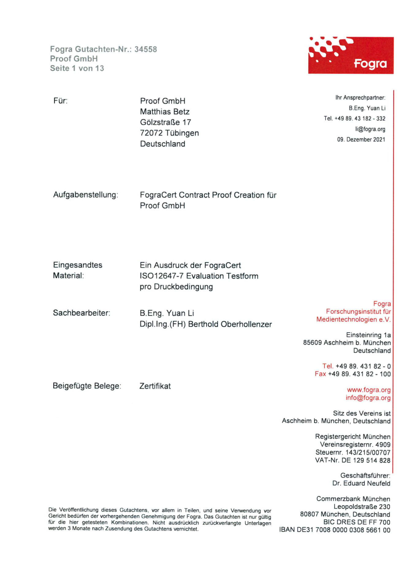 Tytuł Raport z testów Certyfikat Fogra Proof GmbH 2021 Fogra Contract Proof Creation 34558